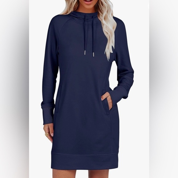 Askya Hoodie Sweatshirt Dress Navy Blue Long Sleeve Sz S Cotton Blend Pockets - Picture 5 of 10